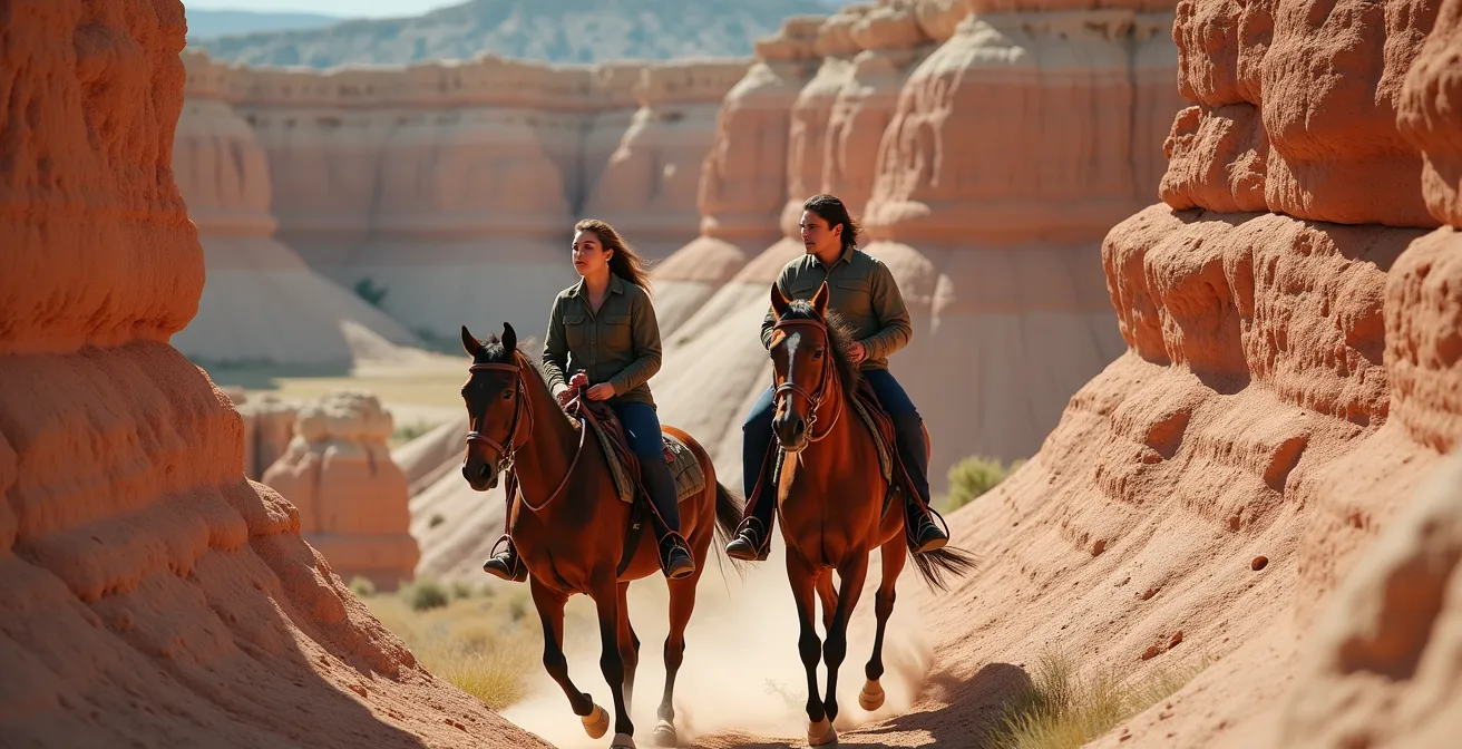 Riders navigating through distinctive Badlands hoodoos and coulees
