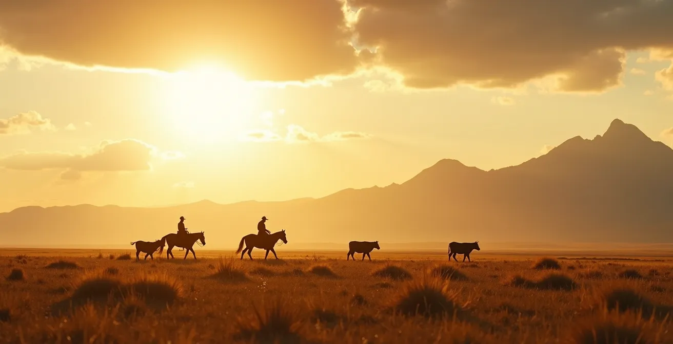 Wide vista of cattle drive crossing Porcupine Hills at 1500 meters altitude
