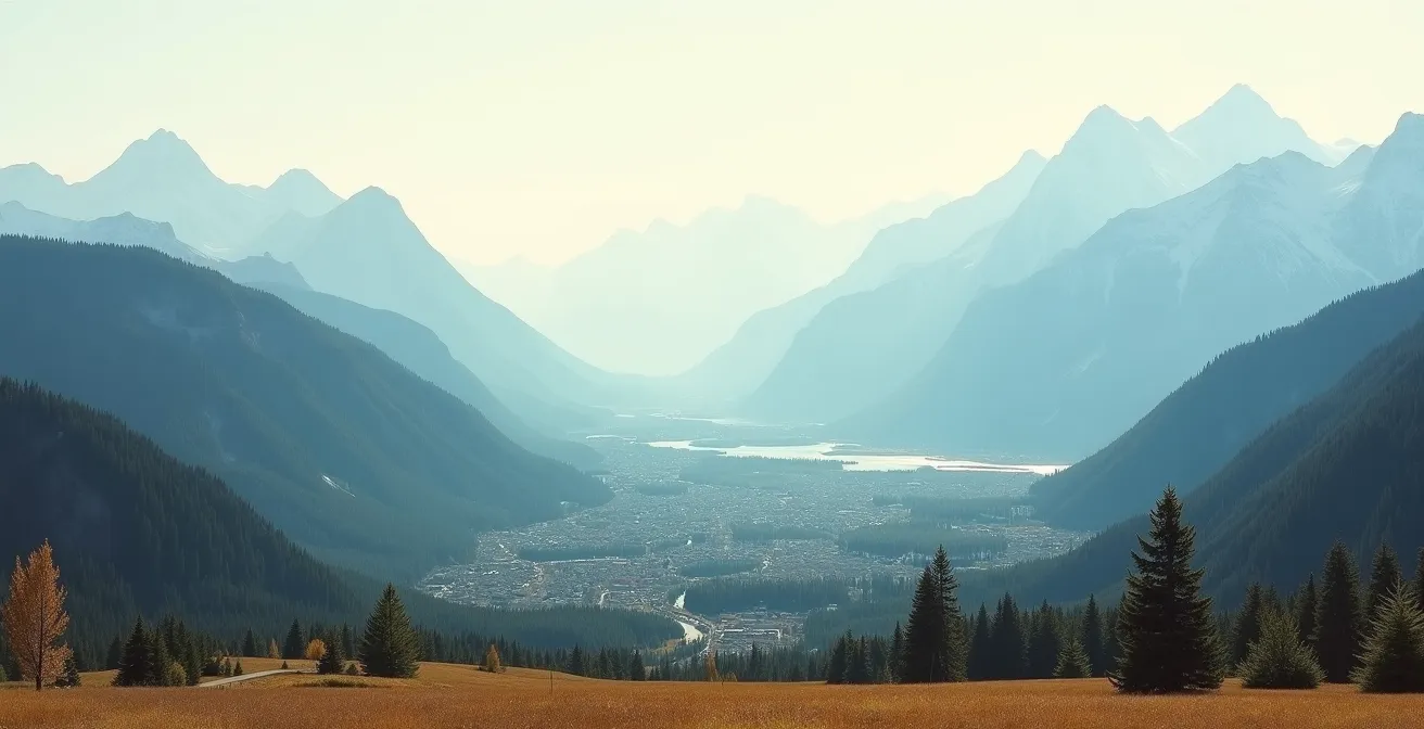 Elevation gradient map showing Calgary, Canmore and Lake Louise with mountain silhouettes