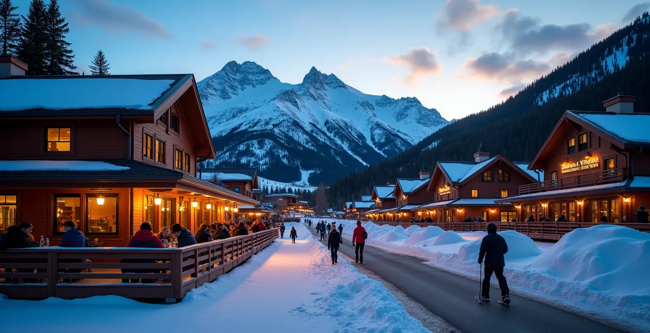 Wide shot of illuminated ski village at twilight with people enjoying outdoor terraces