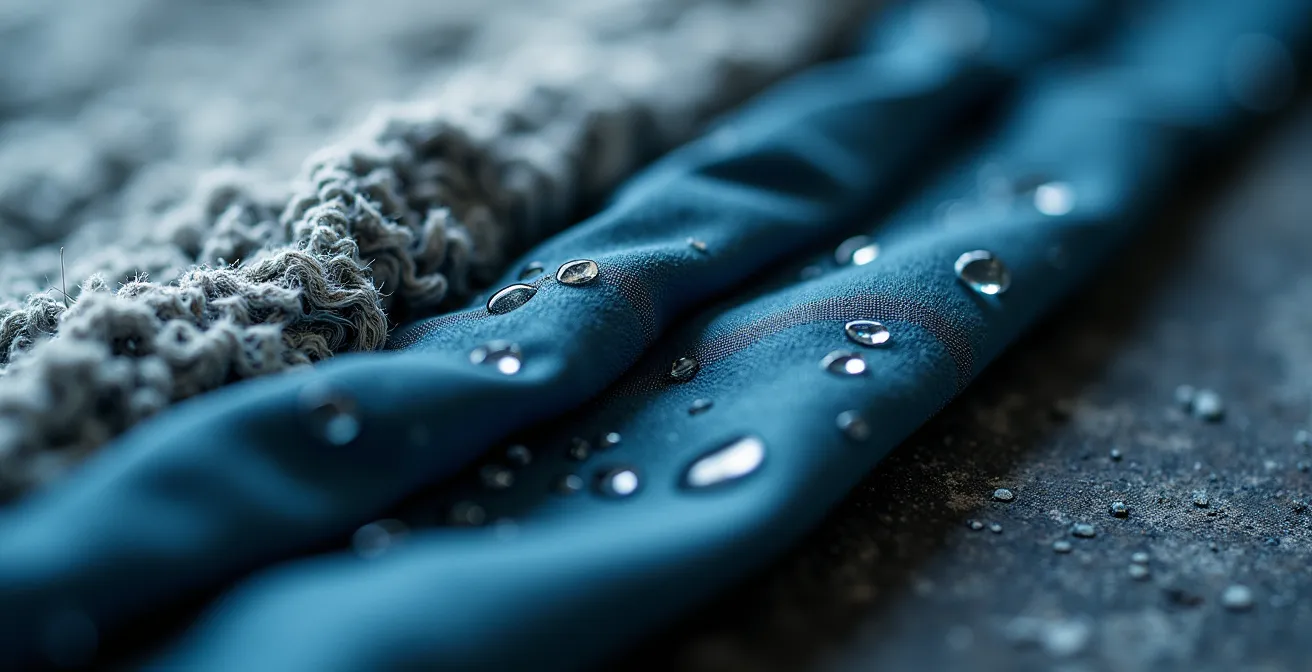 Extreme close-up of layered Arctic clothing fabrics showing texture and water beading