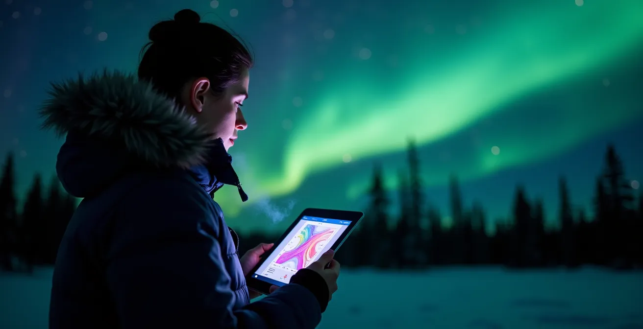 An aurora watcher in a heavy parka checks data on a tablet, illuminated by its glow, as the northern lights begin to appear in the sky.