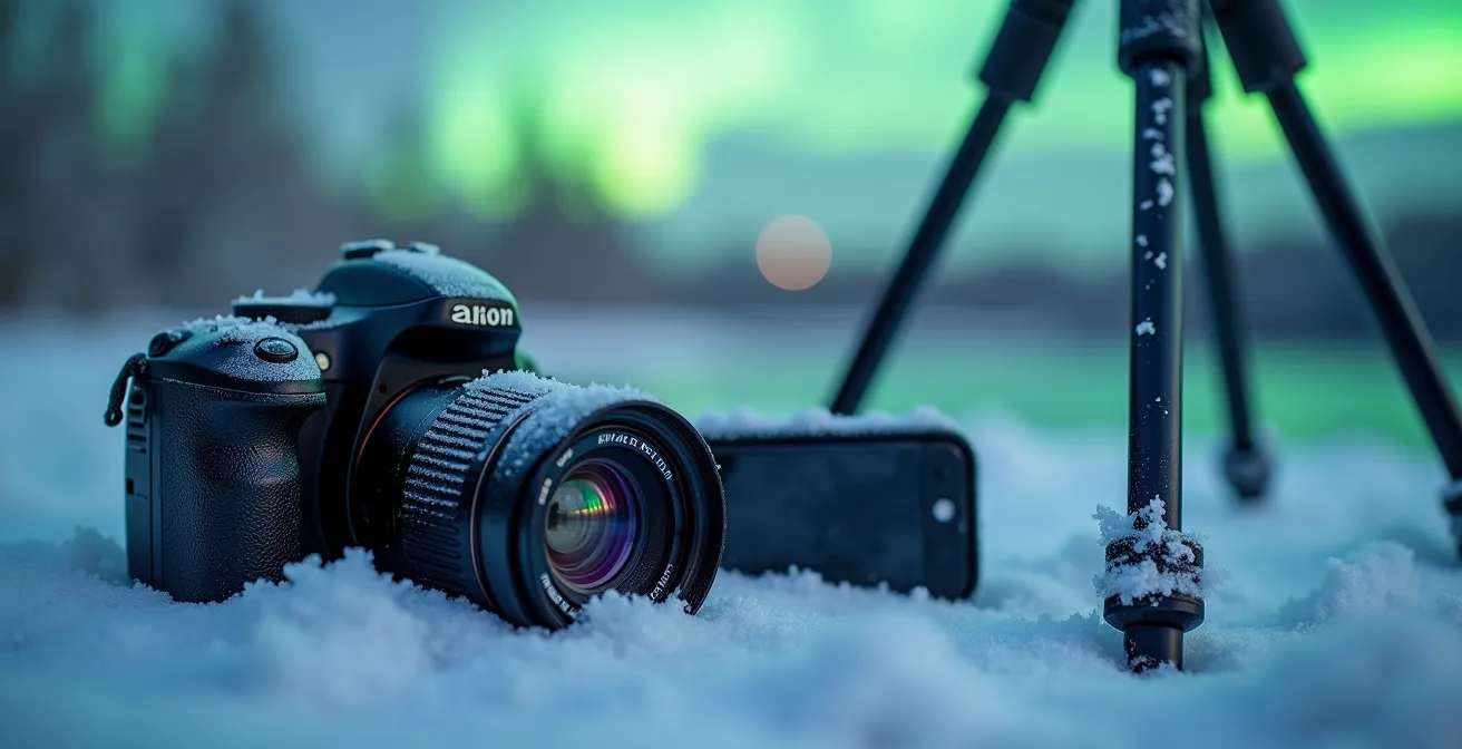 A close-up of frost-covered aurora photography equipment, including a DSLR and a smartphone, set up in the snow.