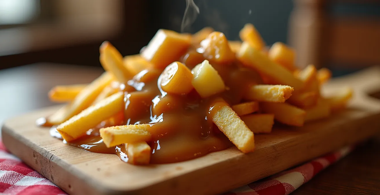 Macro shot of traditional Quebec poutine showing the distinct texture of fresh cheese curds melting into rich brown gravy over golden hand-cut fries.