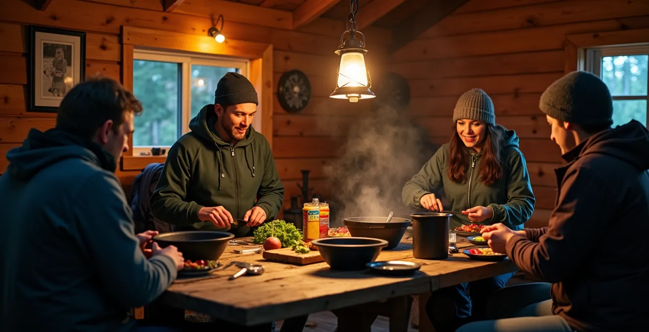 Warm interior of alpine hut showing communal dining area with hikers sharing evening meal