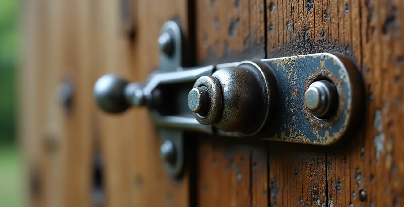 Secure outdoor storage shed with metal latches at a Muskoka cottage