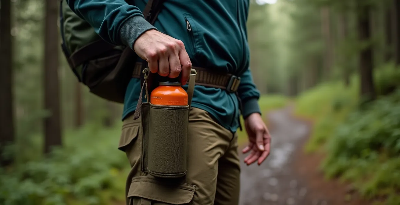 Hiker demonstrating proper bear spray holster position on a narrow boreal forest trail with dense undergrowth