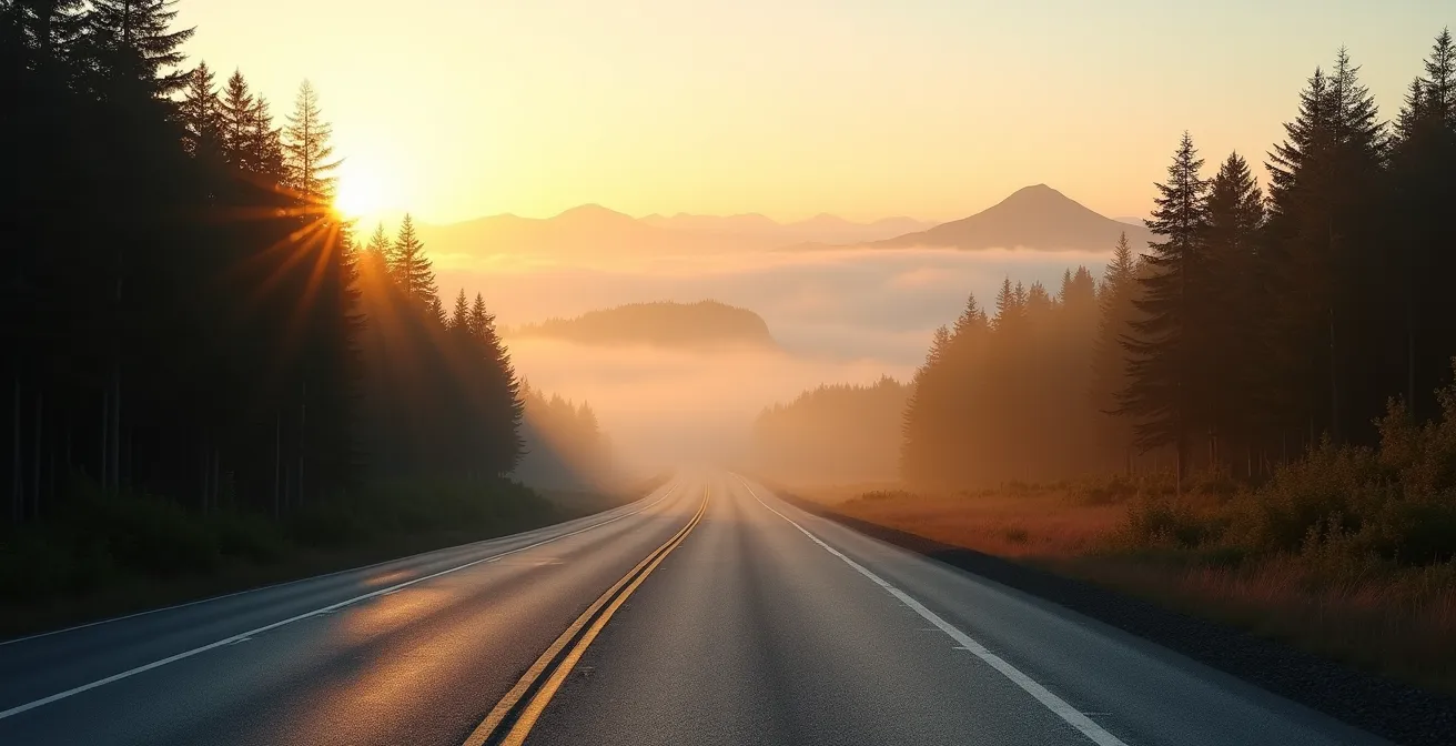 An empty, winding section of the Cabot Trail at 6 AM, with golden sunlight breaking through the coastal morning mist.