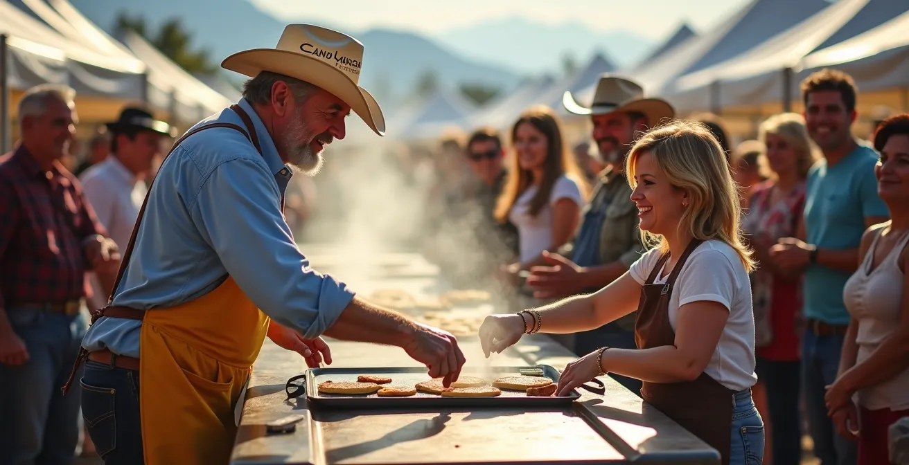 Community gathering at Calgary Stampede pancake breakfast with mountains backdrop