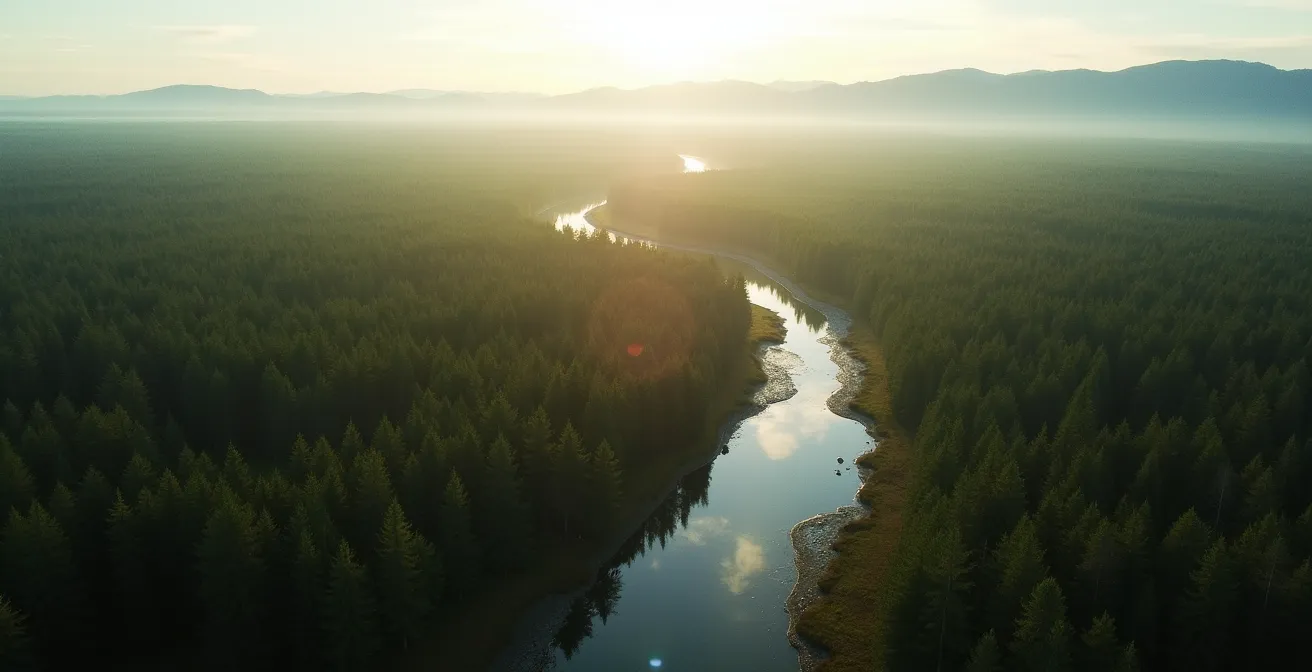 Aerial wide shot of protected Canadian boreal forest showing vast tree canopy
