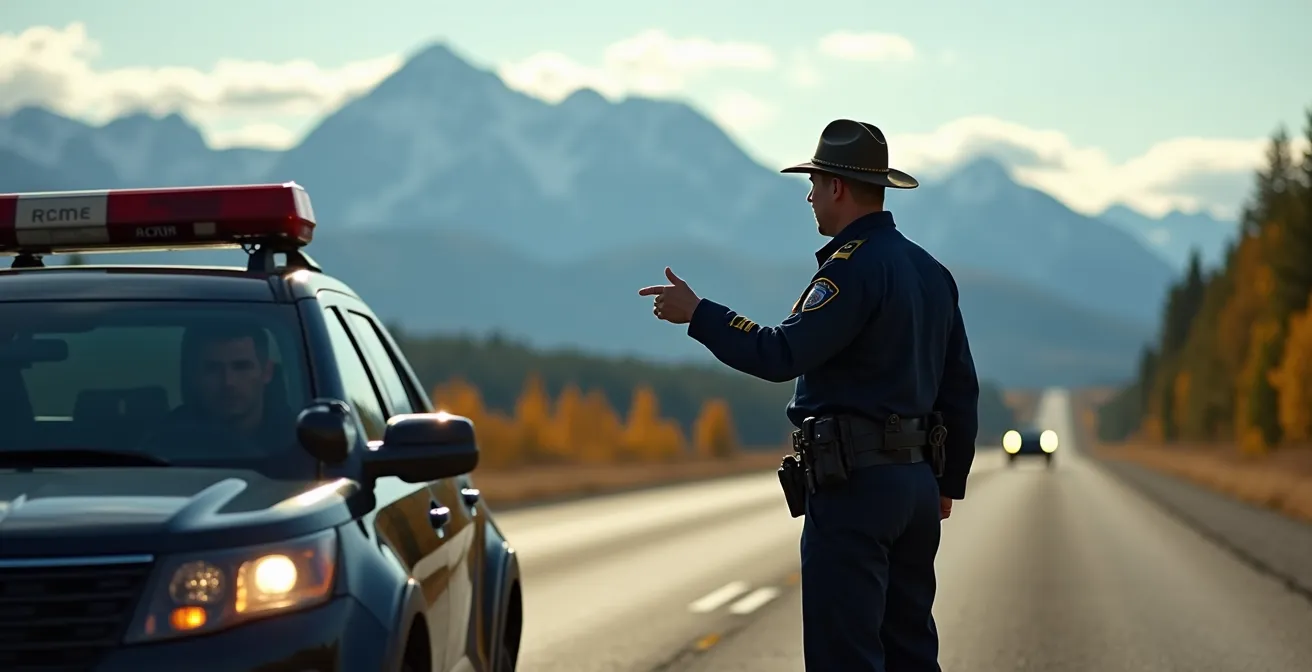 Highway patrol officer conducting vehicle inspection on Trans-Canada Highway with mountains in background