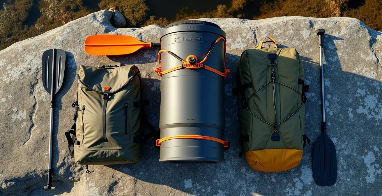 Overhead view of portage gear organized into consolidated packs