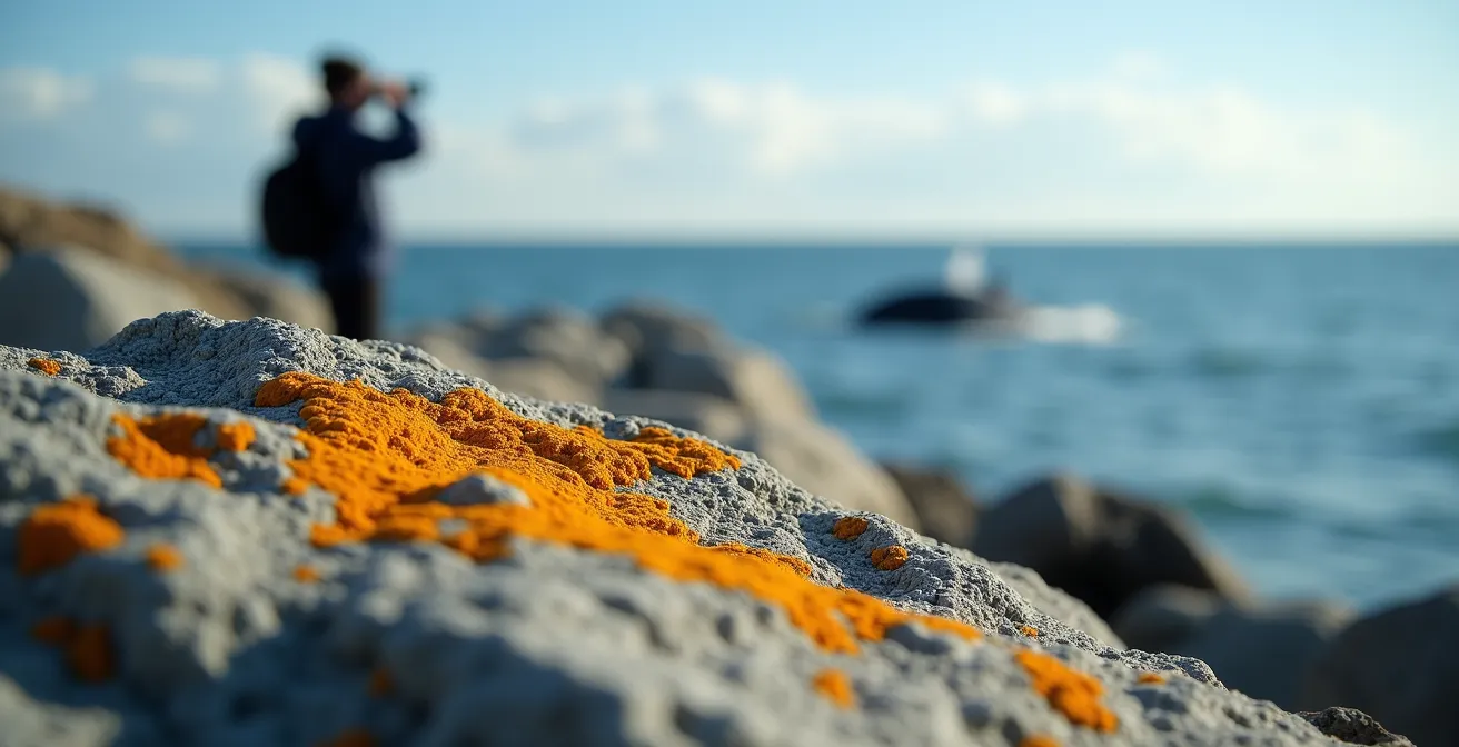 Observer on granite rocks at Cap de Bon-Désir watching nearby whale activity