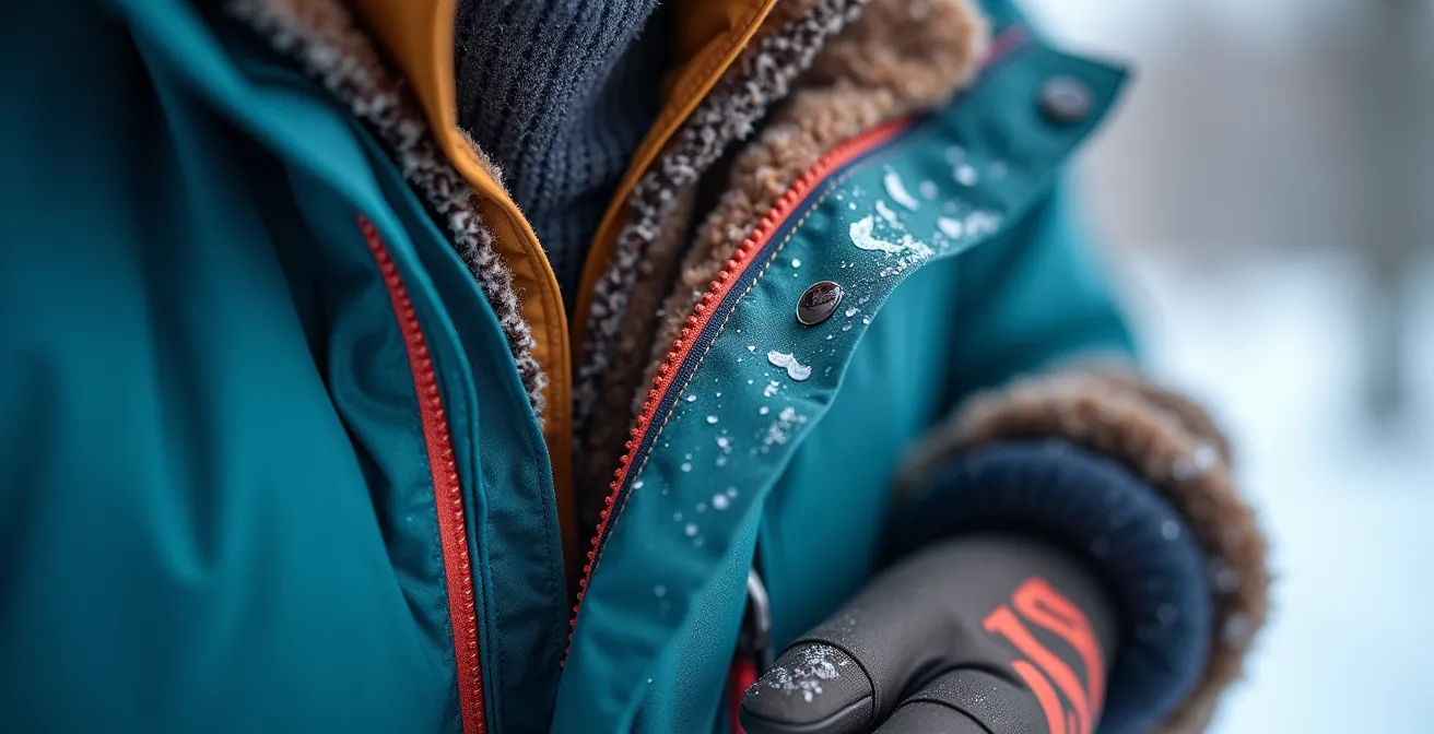 Child in colorful winter ski gear properly layered for extreme cold conditions