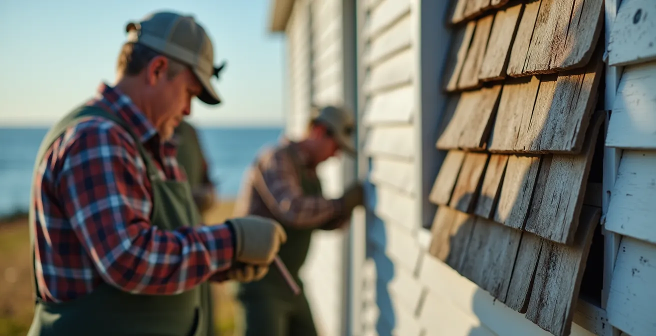 Group of local volunteers restoring wooden shingles on a heritage lighthouse keeper's cottage