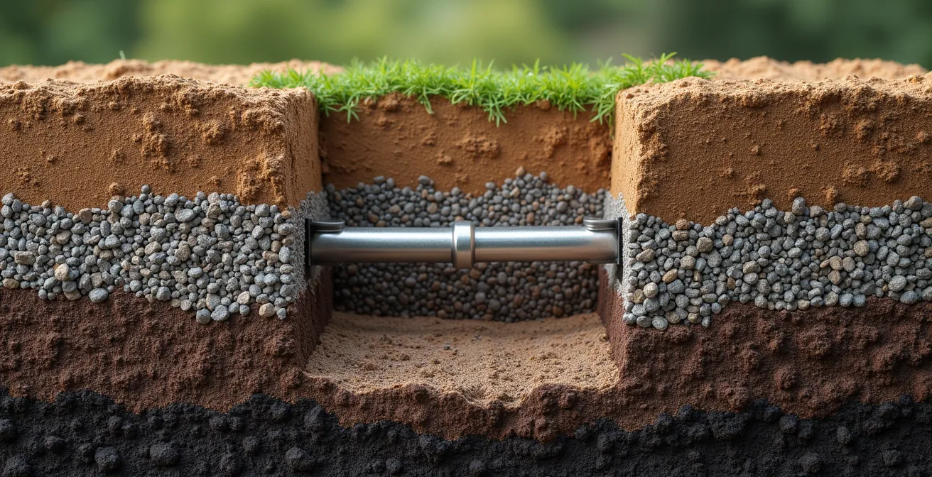 Underground cross-section view of cottage septic tank and weeping bed system