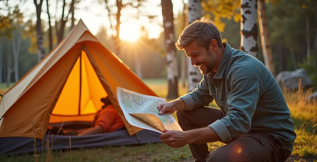 Tent setup on Crown Land with Ontario wilderness landscape