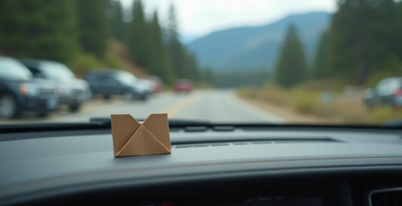 Interior car view showing dashboard with mountains visible through windshield at trailhead parking