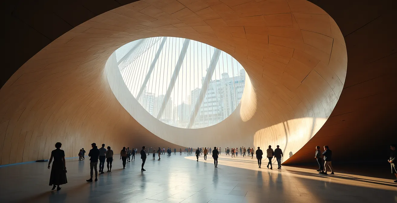 Interior view of the Grand Hall's sweeping curves with natural light streaming through massive windows