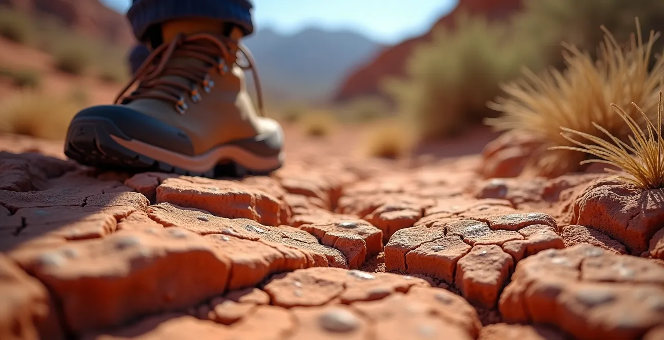 Lone hiker traversing Drumheller badlands canyon in early morning golden light