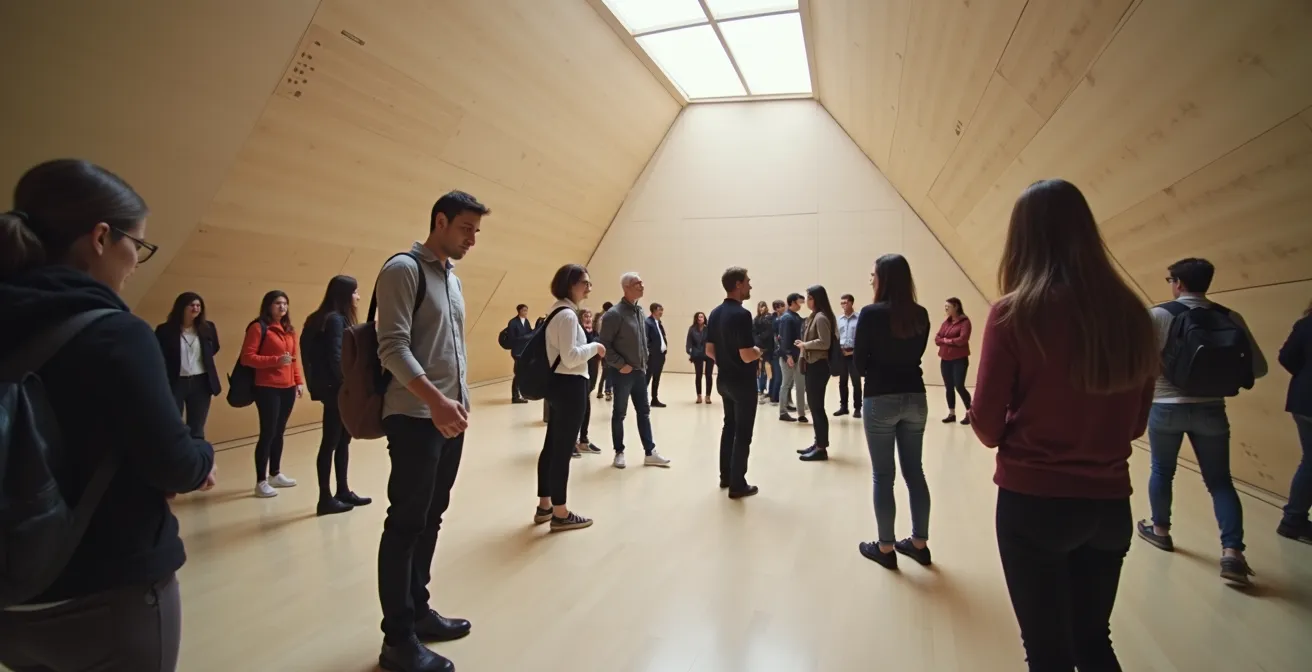 Tilted room interior showing visitors experiencing altered gravity perception