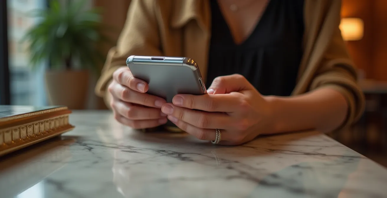 Hands holding smartphone showing restaurant reservation interface in elegant setting
