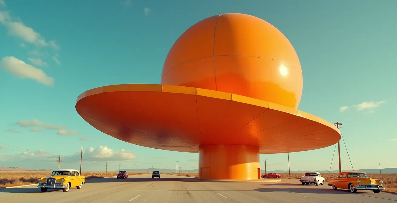 Retro-futuristic giant orange structure against blue sky