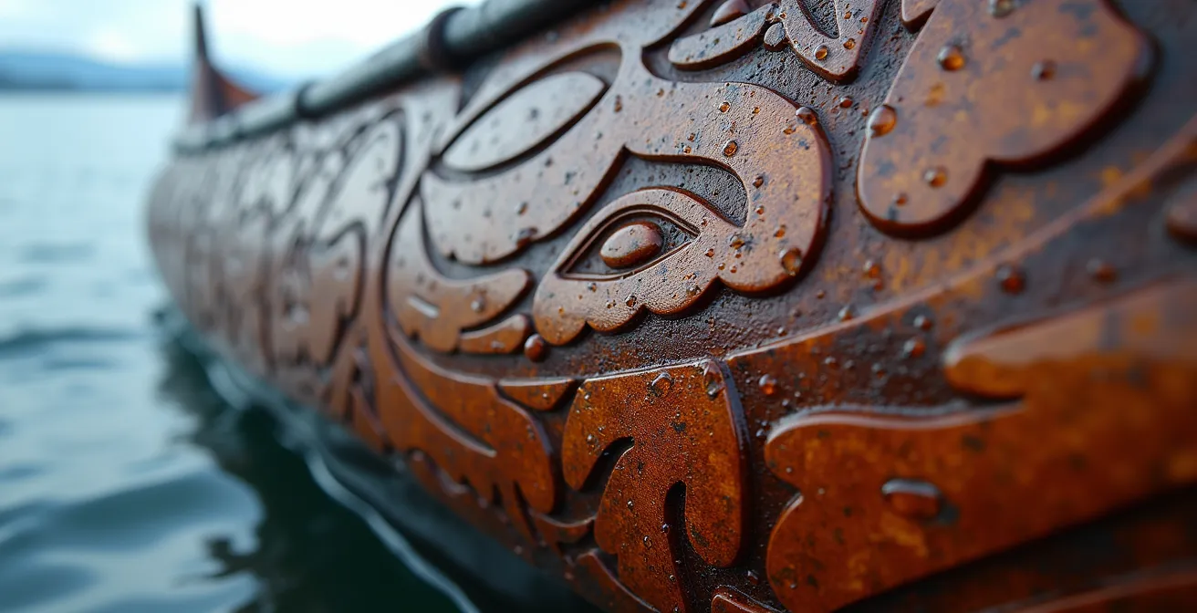 Traditional Haida dugout canoe on Pacific waters showing distinctive carved design elements