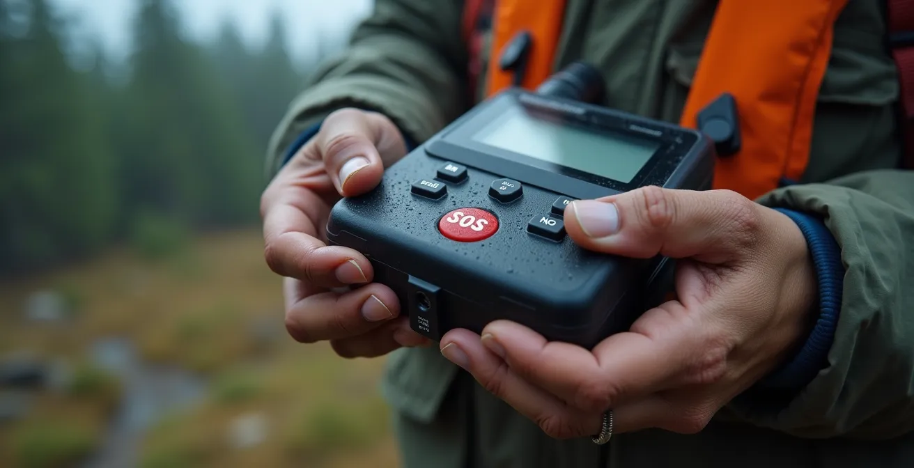 Solo hiker activating emergency satellite device in Canadian wilderness
