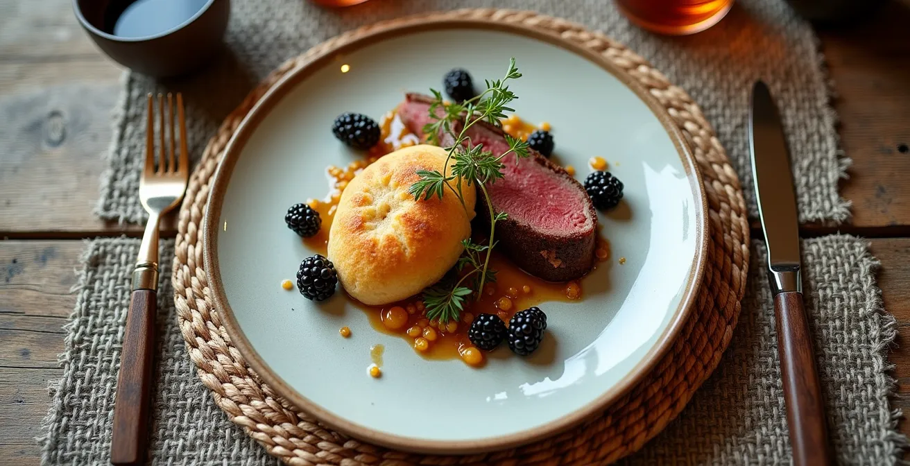 Modern Indigenous cuisine plating featuring bannock and game meat with foraged ingredients