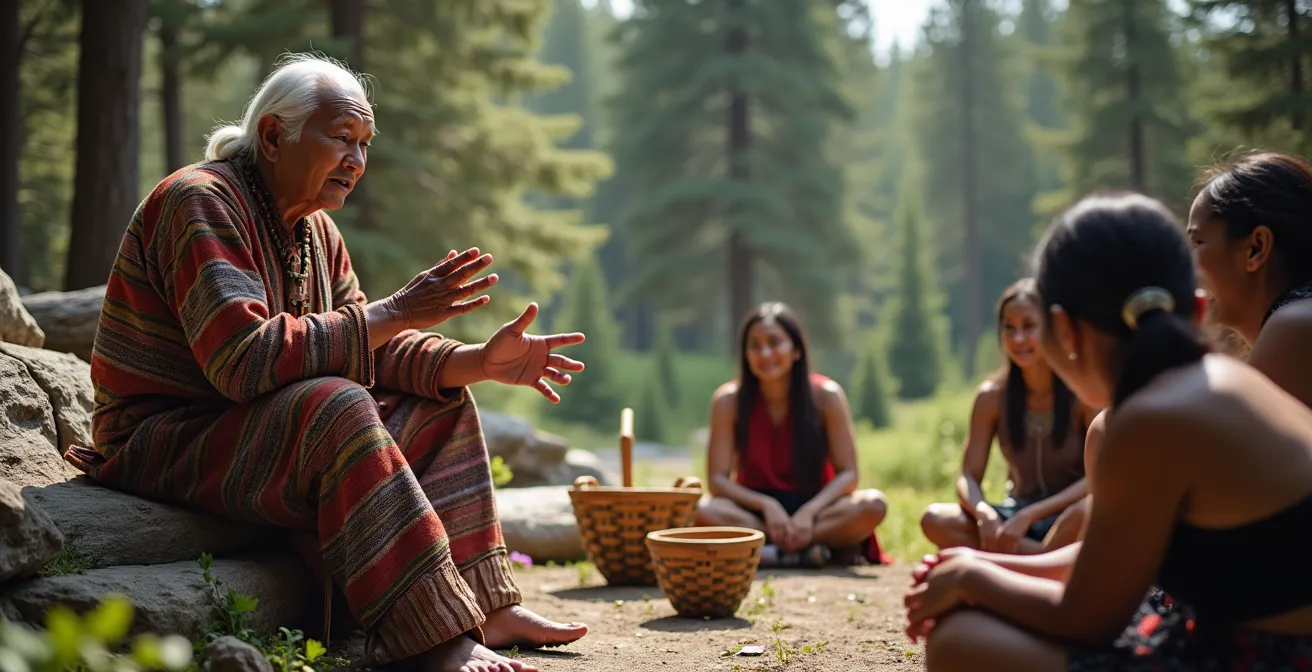 Indigenous elder demonstrating traditional practices to respectful tourists in natural Canadian landscape