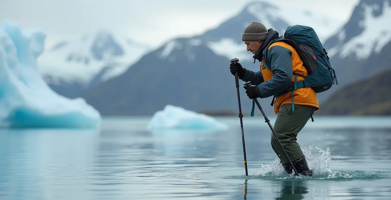Inuit guide demonstrating safe glacial river crossing technique with hiking poles