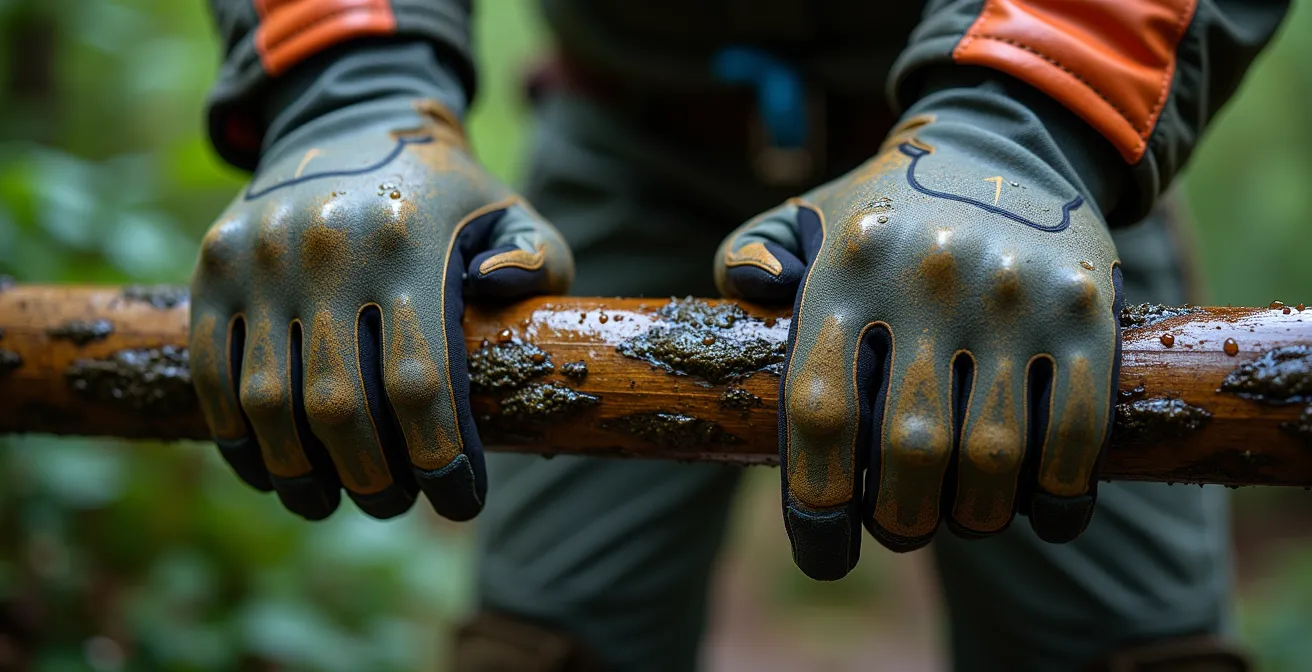 Close-up of gloved hands gripping a wet wooden ladder rung