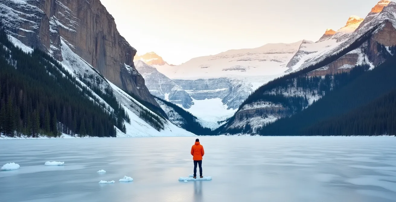 Frozen Lake Louise surface with Victoria Glacier and Fairmont Chateau in winter