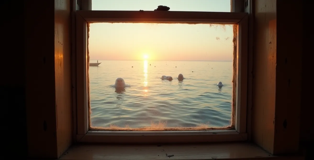 View from heritage lighthouse window at dawn showing distant beluga pod