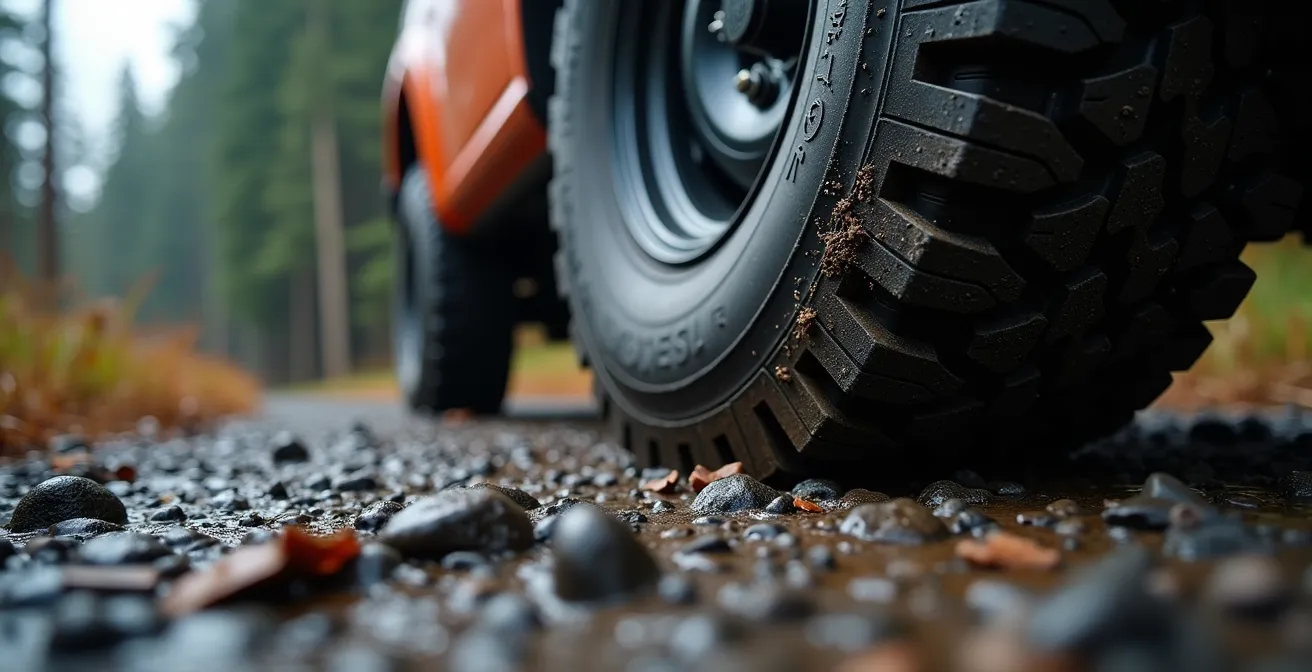 4x4 vehicle with specialized equipment on a rough Vancouver Island logging road surrounded by forest
