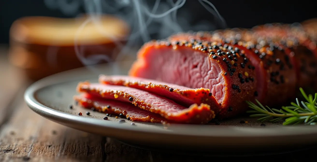 Close-up of tender smoked meat layers with traditional accompaniments
