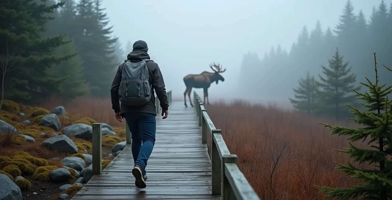 Hiker maintaining safe distance from a large moose on a wooden boardwalk trail in the Cape Breton Highlands.