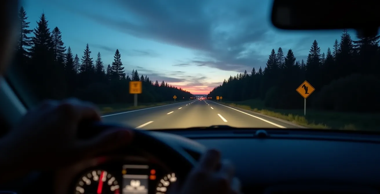 Atmospheric view of Trans-Canada Highway at twilight with forest edges visible