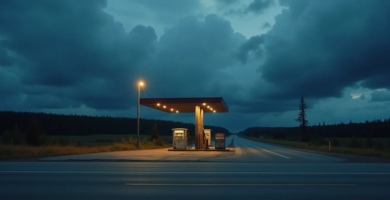 Remote gas station on Northern Ontario highway surrounded by wilderness