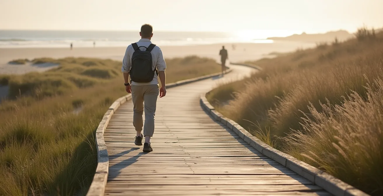 Wooden boardwalk stretching across protected dune grass towards a pristine beach