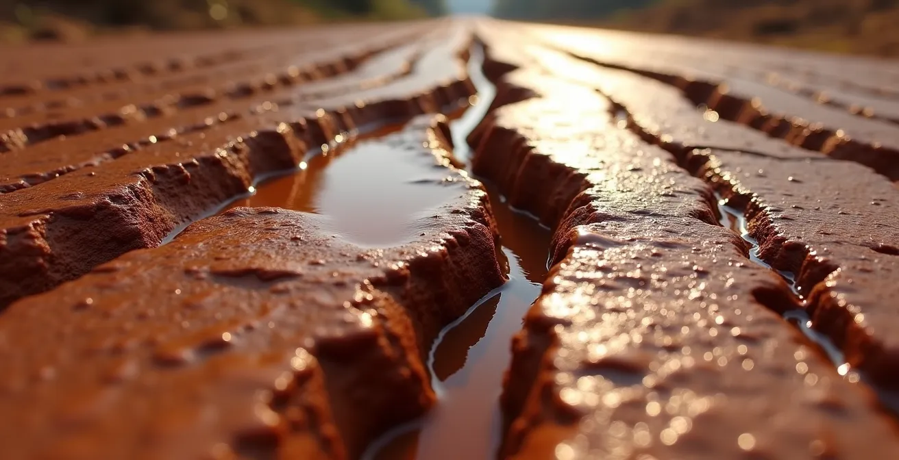 Deep erosion channels in a red clay heritage road after rainfall showing environmental damage