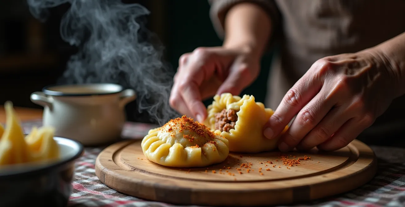 Steaming poutine râpée dumplings cut open showing pork filling