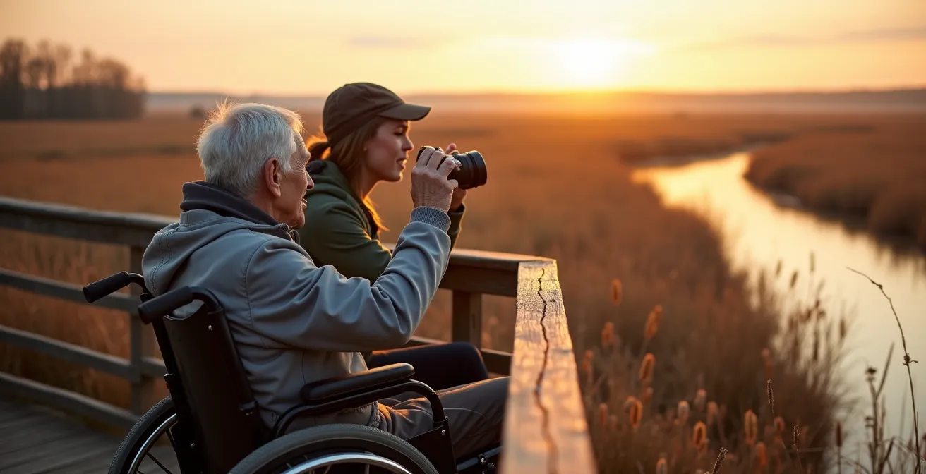 Wooden boardwalk trail through wetlands with accessible observation platform