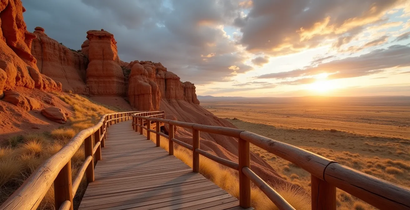 Wide angle view of ancient petroglyphs on sandstone cliffs at sunset with protective barriers maintaining respectful distance