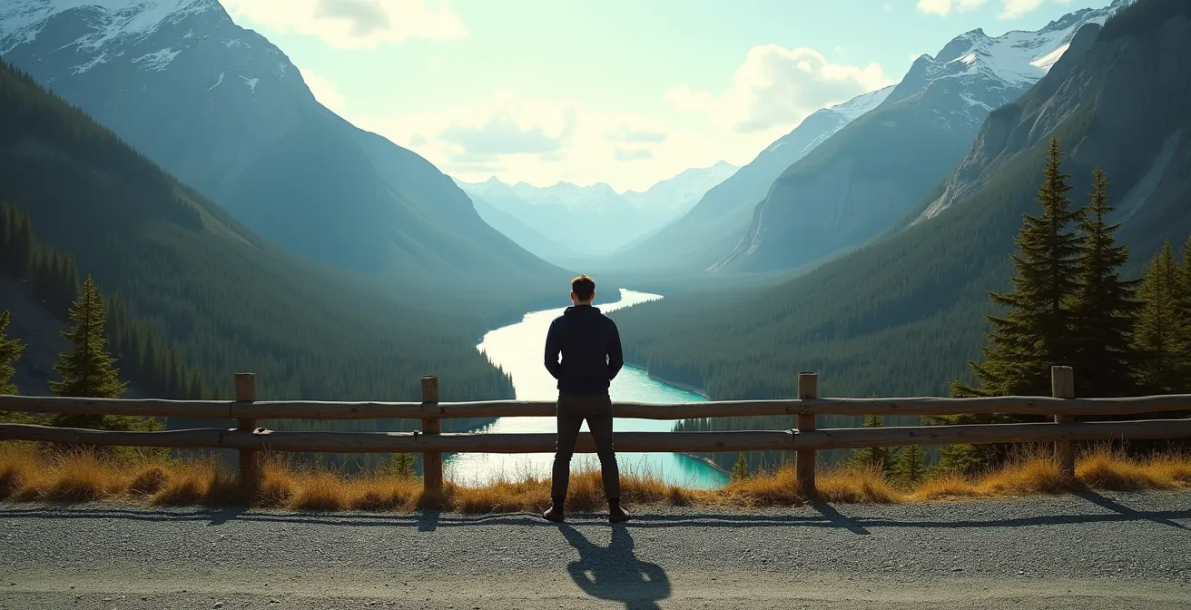Wide angle view of a mountain highway pullout area with dramatic valley vista