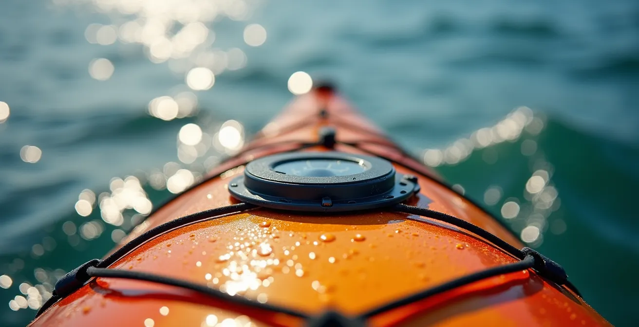 Close-up view of sea kayak deck showing sealed bulkheads and safety equipment