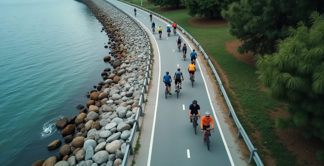 Aerial view of cyclists following one-way path around Stanley Park Seawall