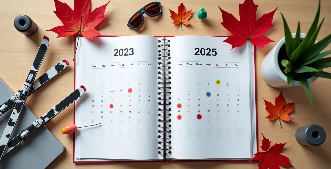 Calendar showing peak booking periods for Canadian ski schools with visual markers