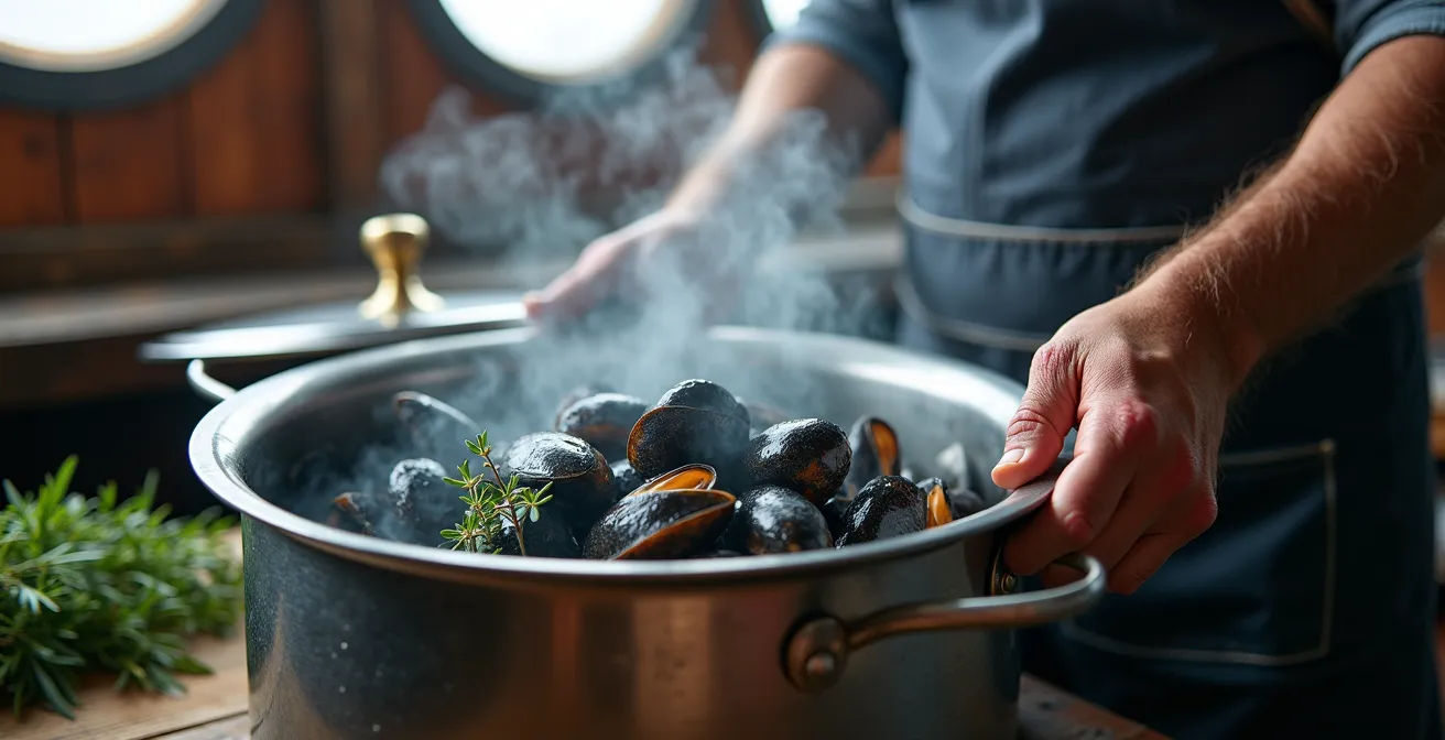 Steam rising from a pot of fresh mussels being cooked with herbs